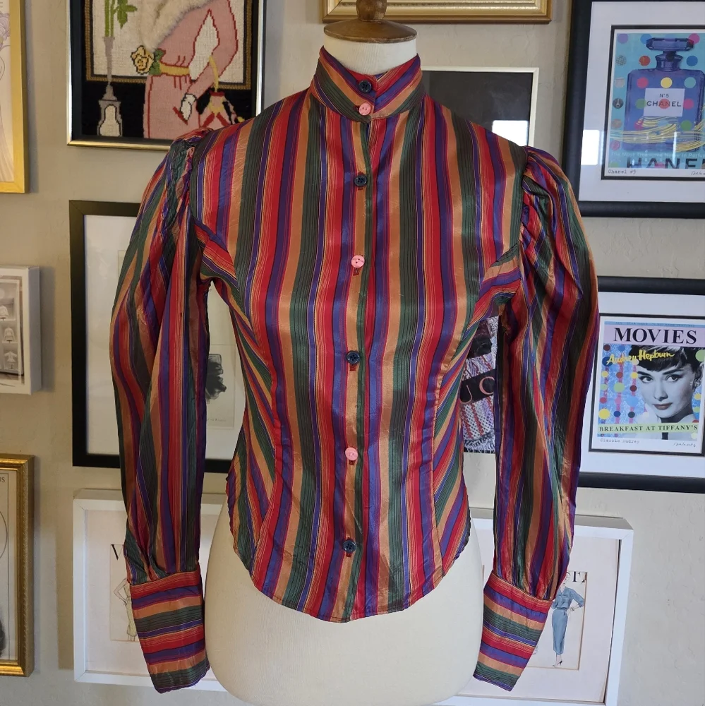 1980s Sasha Striped Print Puffed‎ Long Sleeve Acetate Blouse Shirt Top